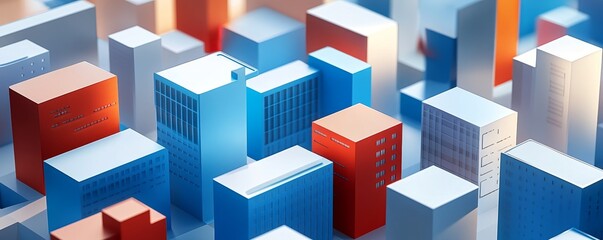 Abstract cityscape with colorful buildings.