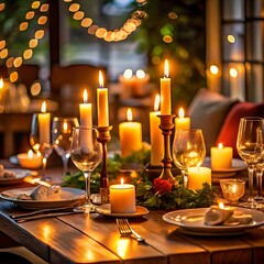 A Christmas dinning tables with decorations and lights