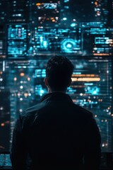 Silhouette of a Man Observing the Futuristic City Lights