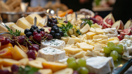 Cheese platter with assorted cheeses and fruits.