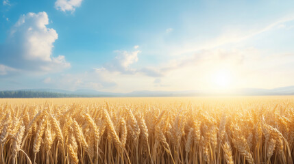 Golden wheat field under a bright sky at sunset