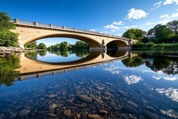 Fototapeta premium Bridge Iconic, Historic, and River depicted in a scenic town where a historic bridge spans a river, its reflection creating a mirror image in the calm water