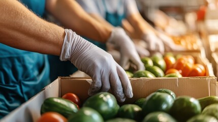 Capturing gloved hands sorting an array of fresh vegetables in a factory setting, this photograph illustrates the precision and care in handling and organizing produce in a professional environment.