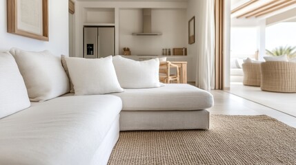 Fototapeta premium A contemporary beige living room features a spacious sectional sofa, a neutral-toned rug, and minimalist decor elements, all bathed in natural light from large windows, creating a serene ambiance.