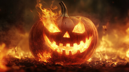 Naklejka premium Zbliżenie na dyniową latarnię na wieczornym tle. Świecąca wnętrze oświetla wyrzeźbione oczy i uśmiech, tworząc straszliwy efekt.