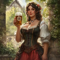 Fototapeta premium A spectacular woman with appetizing forms in a national German costume holds a foamy beer in her hands. Oktoberfest, Munich, Germany