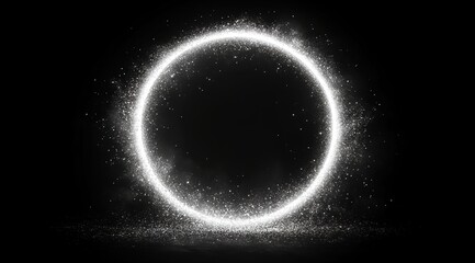 Fototapeta premium White, glowing circular frame with particles isolated on a black background. 