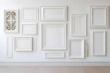 Collection of Various White Picture Frames on White Wall Mock up