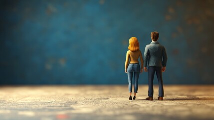 A miniature couple standing back to back, looking into the distance against a blue background.