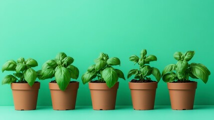 Fototapeta premium Vibrant Potted Basil Plants for Home Decor - Fresh green basil herbs in small pots against a modern color backdrop.