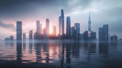 Fototapeta premium Stunning modern cityscape at sunrise with tall skyscrapers and reflection on calm water, creating a serene and futuristic atmosphere.