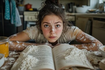 Woman in kitchen with flour on her face and clothes, looking tired while leaning over cookbook, expressing the exhaustion and frustration often associated with baking.