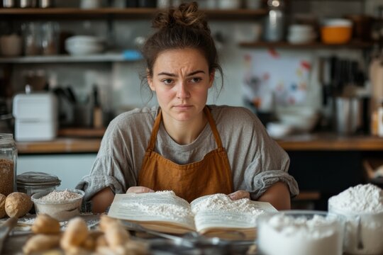 Person in a messy kitchen covered in flour, with a frustrated expression while looking at an open cookbook, illustrating the difficulties of baking and following recipes.