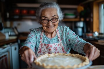 An elderly woman, wearing a floral apron, proudly presents a freshly baked pie in a homely kitchen environment, symbolizing warmth, care, and culinary skills.