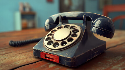 A vintage rotary phone with a black receiver and a worn dial rests on a wooden table.