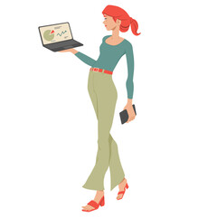 Young modern businesswoman holding laptop and phone, looking at charts. Vector illustration.