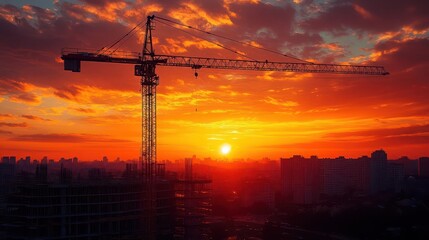 Naklejka premium dramatic sunset silhouettes construction site towering crane and skeletal building framework against vibrant orange sky urban development theme with strong contrast and geometric shapes