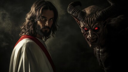 A powerful and intense scene depicting Jesus and Satan confronting each other, symbolizing the battle between good and evil.