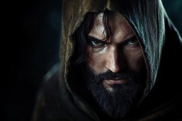 Dramatic close-up of Jesus christ in shadows.