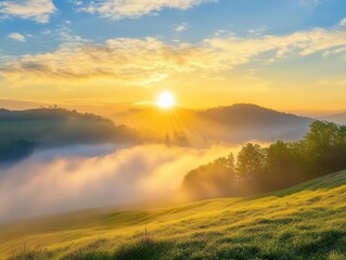 Obraz premium Sunrise breaking through morning fog over rolling hills, foggy weather, peaceful dawn