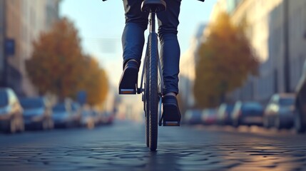 Fototapeta premium Rear view of a cyclist riding a bicycle on a city street with blurry cars in the background.