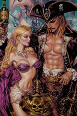 A vintage poster illustration featuring a beautiful pirate with skull and skeleton elements, designed as a wallpaper.