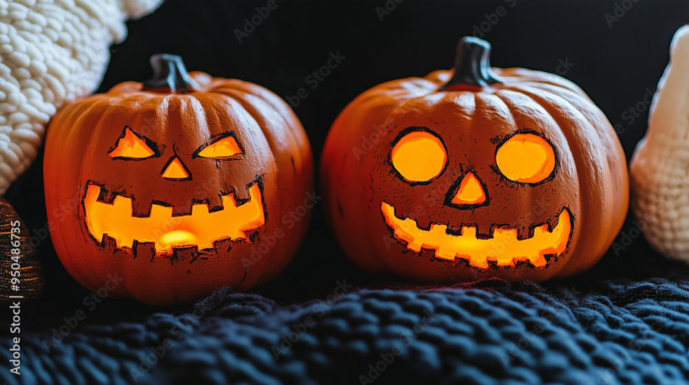 Wall mural Two carved pumpkins glowing on a blue knitted blanket, creating a cozy and spooky atmosphere for halloween