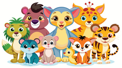 Naklejka premium Colorful set of little cartoon animals characters. Cartoon character design. Baby animals icons set isolated on white background. Color illustration of wild animal world. Vector illustration