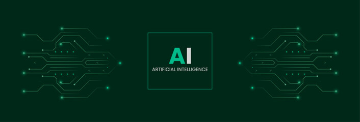 AI banner with a futuristic green circuit design highlighting the integration of data and tech. The background features symmetrical circuits, emphasizing the core AI concept and modern tech theme.