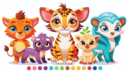 Naklejka premium Colorful set of little cartoon animals characters. Cartoon character design. Baby animals icons set isolated on white background. Color illustration of wild animal world. Vector illustration