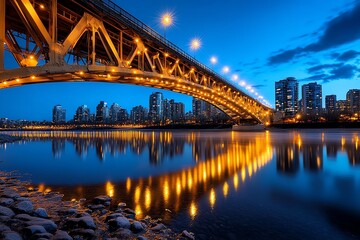 Obraz premium Bridge Panoramic, Nighttime, and Landmark shown in a nighttime scene where a famous bridge is illuminated, its reflection shimmering in the water below, with city lights twinkling in the distance