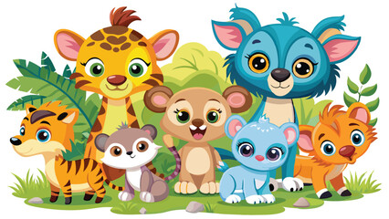 Naklejka premium Colorful set of little cartoon animals characters. Cartoon character design. Baby animals icons set isolated on white background. Color illustration of wild animal world. Vector illustration