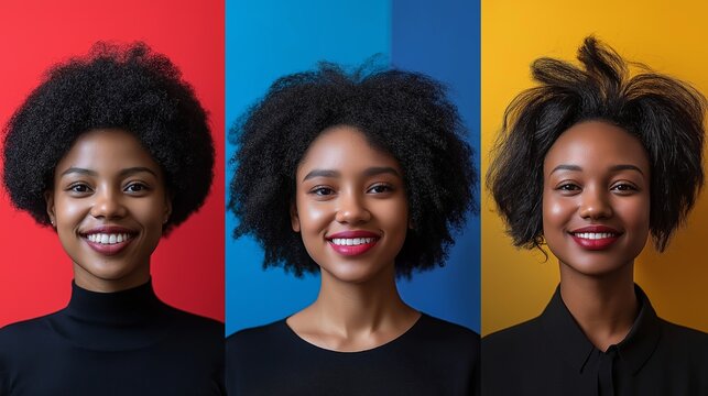 Three women with different hairstyles are smiling for the camera. The first woman has a short, curly hairstyle, the second has a medium length curly hairstyle, and the third has a long