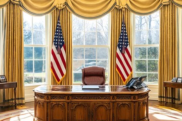 oval-shaped office with elegant classical design, large windows with curtains, presidential desk