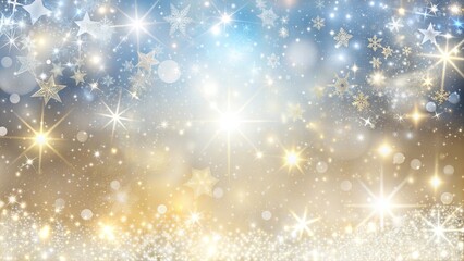Golden Stars and Snowflakes on a Glittering Blue and Gold Background with Copy Space