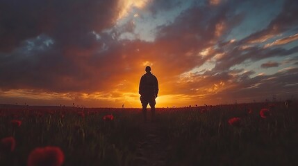 Emotional image of a soldier in uniform before the flag at sunset, dramatic sky and poppies