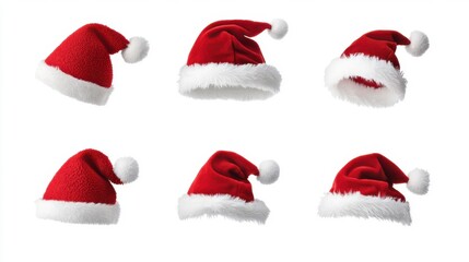 Set of a festive red Santa hats with a fluffy white trim placed on a white background