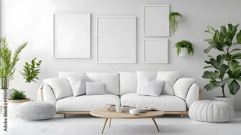 Wall mural Empty picture frames on a white wall in modern living room with a modern sofa. Home staging concept mock up