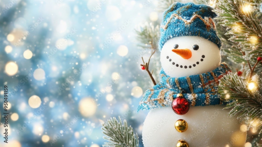 Wall mural a cheerful snowman adorned with a blue hat and scarf surrounded by festive winter lights and snowy t