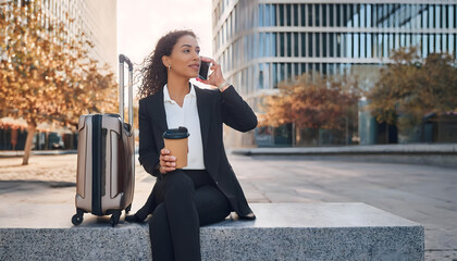 Fototapeta premium A woman is sitting on a stone ledge with a laptop and a cup of coffee