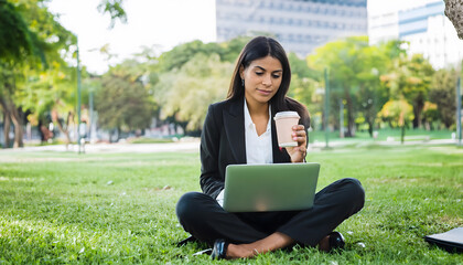 A woman is sitting on the grass with a laptop and a coffee cup