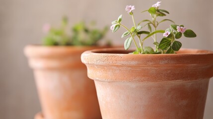 Fototapeta premium Close-up of Decorative Terracotta Pots with Herbs and Flowers on Neutral Background