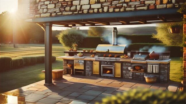An outdoor kitchen nestled in a sun-drenched countryside, with lush greenery, potted herbs, and a rustic brick oven