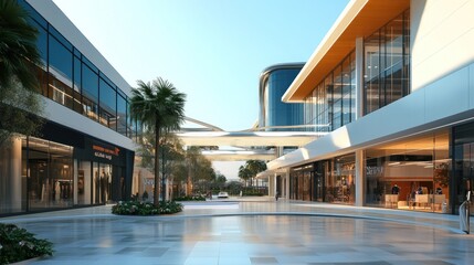 Obraz premium Modern Shopping Mall with Glass Facade and Palm Trees