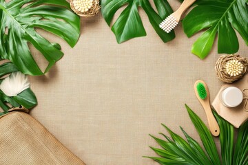 A vegan travel kit with eco-friendly toiletries, bamboo toothbrushes, and tropical leaves arranged on a natural textured background.