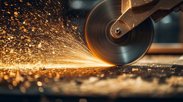 A spinning, razor-sharp circular saw blade captured in mid-action. The blade's exceptionally high rotation speed is evident in the dynamic shot. 