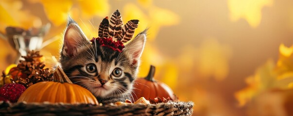 Playful kittens dressed as little Native Americans and pilgrims, enjoying a Thanksgiving feast with props like mini pumpkins and cornucopias