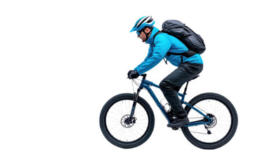 Fototapeta premium A cyclist in blue gear rides swiftly on a mountain bike, showcasing athleticism and adventure in outdoor exploration.