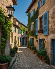 Charming Cobblestone Pathway with Ivy-Covered Stone Houses and Blue Shutters in a Picturesque Village