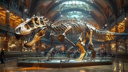 A skeleton of a dinosaur is on display in a museum - generative AI